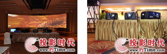 三台CLM HD8 配合9.4M*1.5M正投弧形软幕融合拼接投影效果
